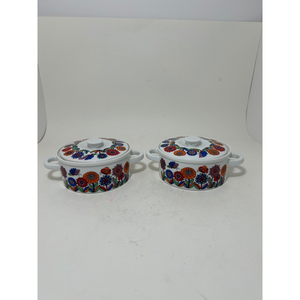 Vintage Japan Mini Casserole Dish Set 2 Floral Butterfly Ceramic Lidded Bowls